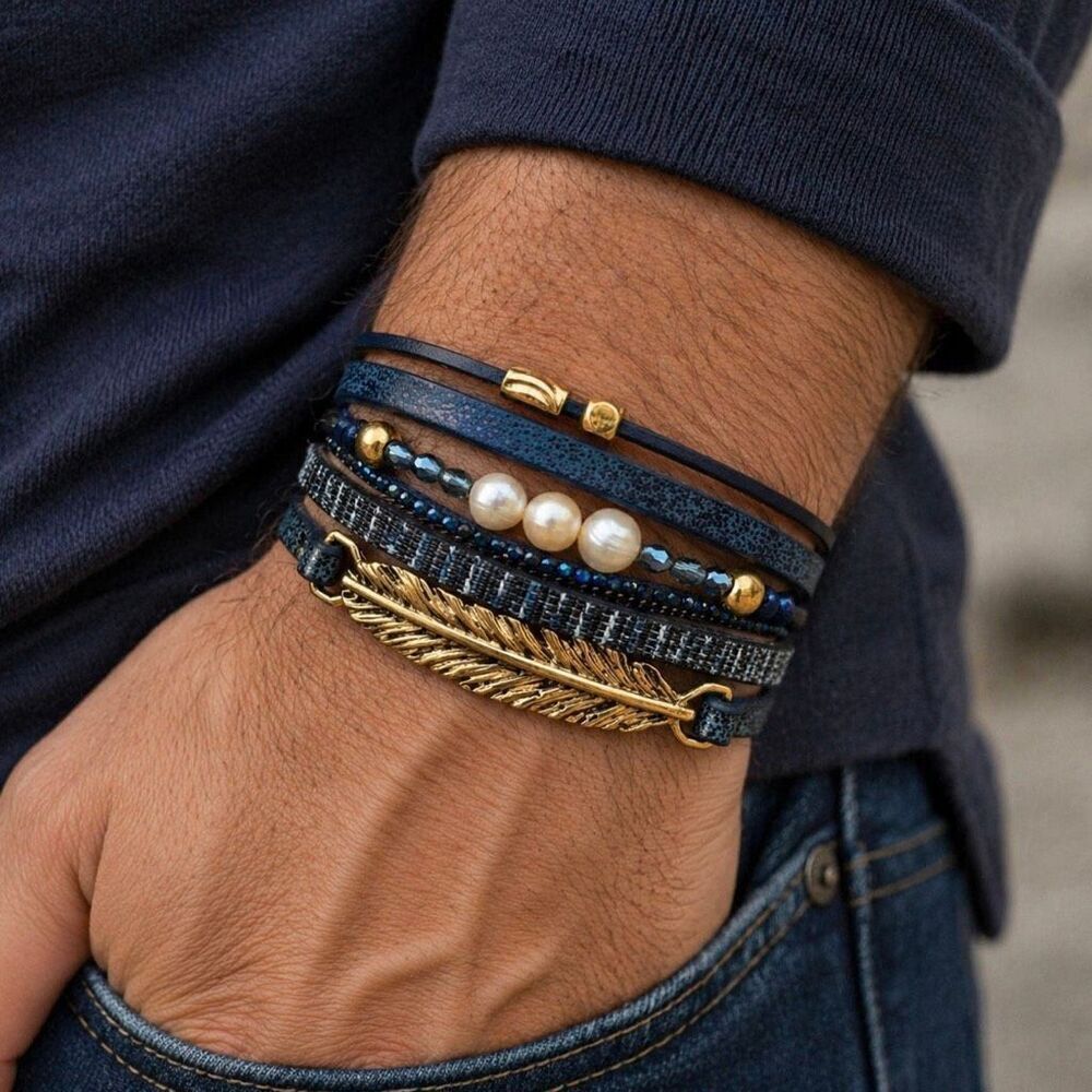 Men’s Seascape Nautical Navy PU Boho Cuff Bracelet, Genuine Pearls